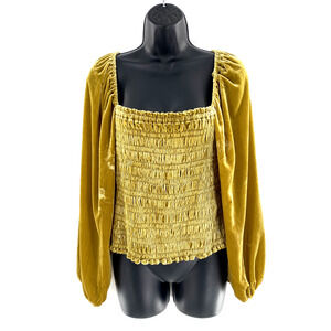 Anthropologie Womens Velvet Smocked Square Neck Blouse Top Gold Balloon Sleeve S